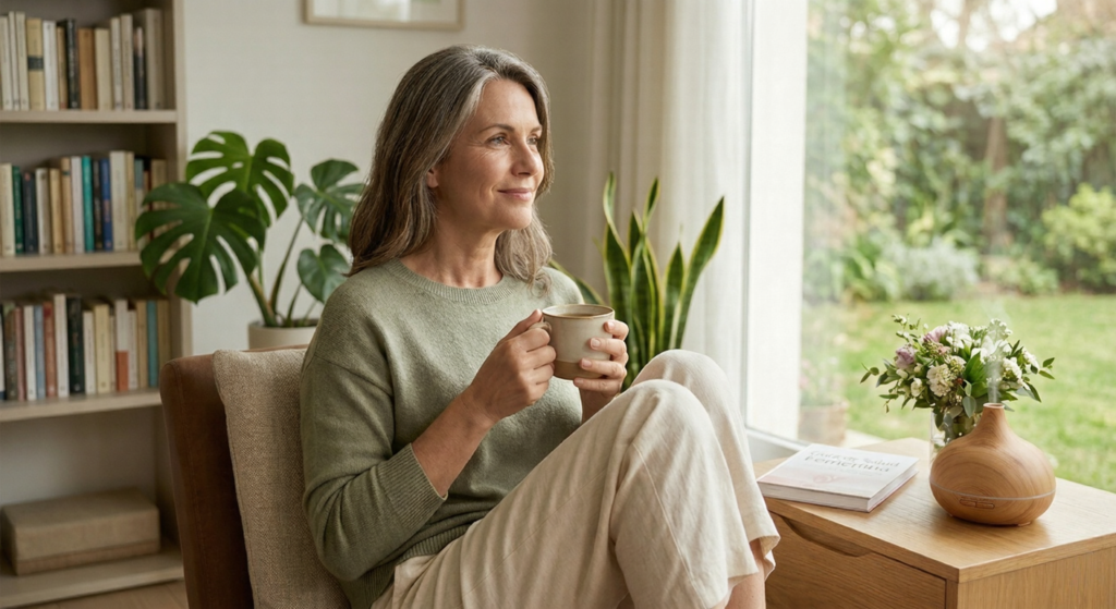 Mujer en etapa de menopausia reflexionando sobre los cambios hormonales y síntomas