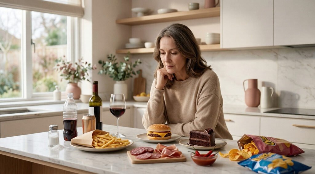 Mujer en menopausia observando alimentos que pueden empeorar síntomas hormonales como azúcar, alcohol y comida ultraprocesada.