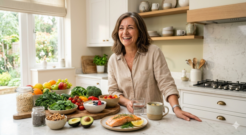 Mujer en menopausia con alimentos saludables recomendados para equilibrar las hormonas de forma natural y mejorar el bienestar.