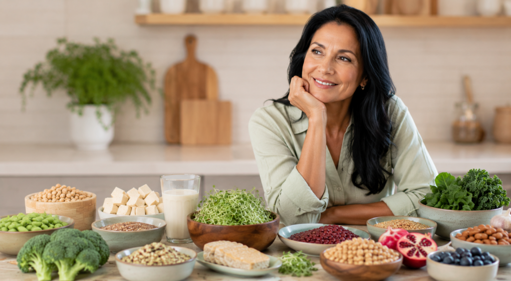 Mujer madura rodeada de alimentos ricos en fitoestrógenos como soja, semillas, legumbres y verduras saludables durante la menopausia.