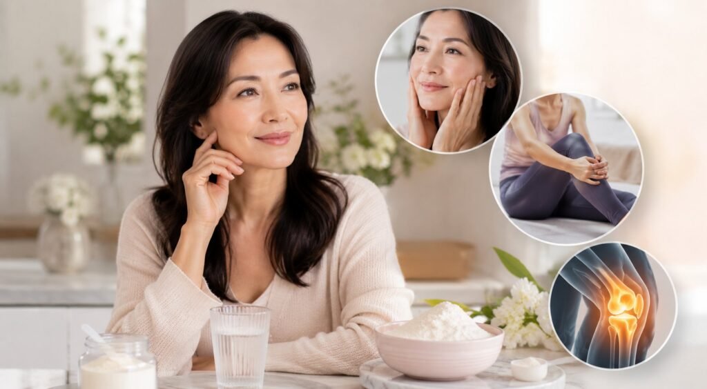 Mujer asiática mayor de 40 años utilizando colágeno para apoyar la salud de la piel, las articulaciones y el bienestar durante la menopausia.