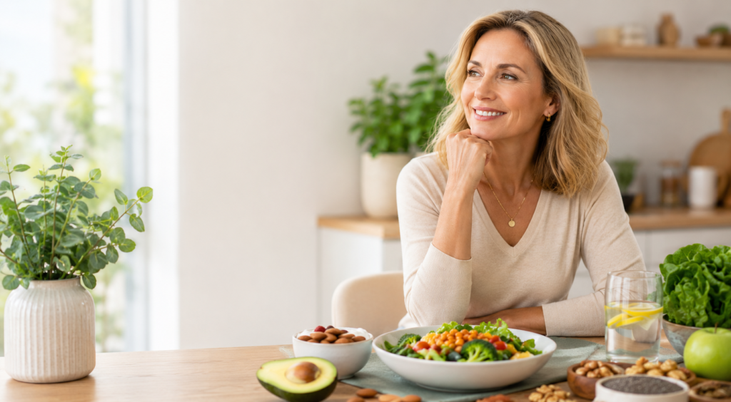 Mujer mayor de 40 años siguiendo una dieta saludable para la menopausia con alimentos nutritivos para bajar de peso y mejorar el bienestar hormonal.