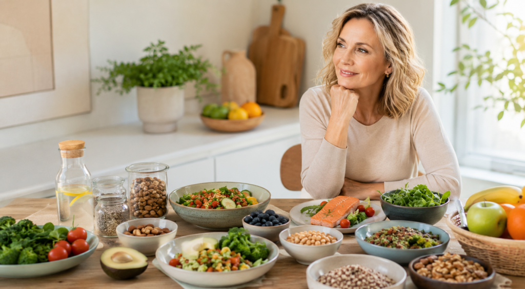 Mujer mayor de 40 años siguiendo un menú semanal para la menopausia con alimentos saludables para controlar el peso y mejorar el bienestar hormonal.