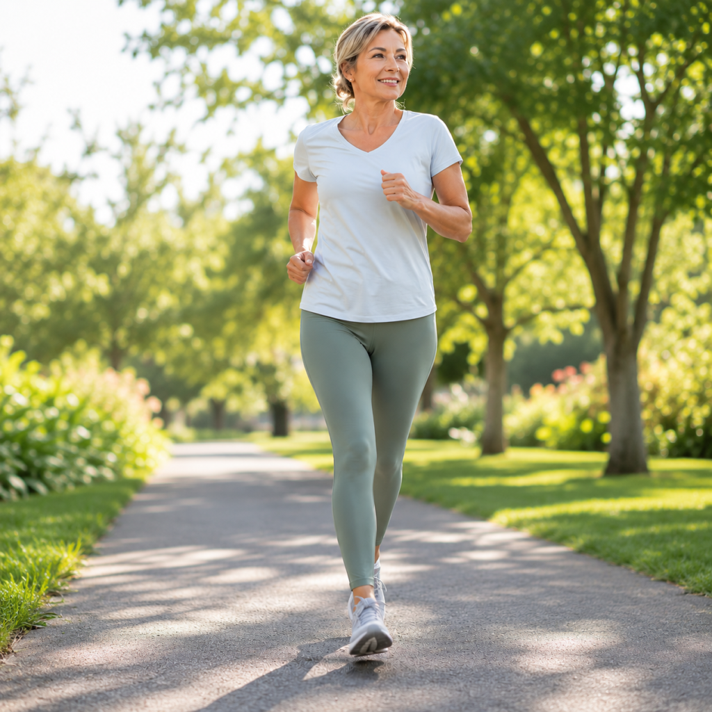 Mujer en menopausia realizando ejercicio cardiovascular al aire libre mediante caminata rápida para mejorar la salud cardiovascular, controlar el peso y aumentar la energía.