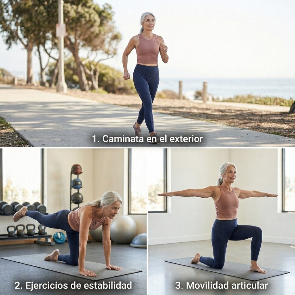 Mujer mayor de 40 años realizando ejercicios de cardio y equilibrio para mejorar la estabilidad y mantener una rutina activa durante la menopausia