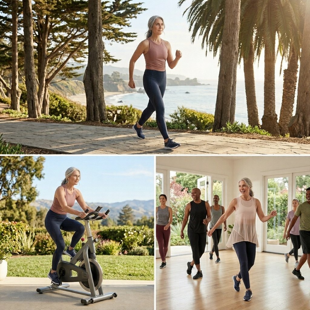 Mujer mayor de 40 años realizando ejercicio cardiovascular como caminata rápida o entrenamiento aeróbico para mejorar su resistencia durante la menopausia