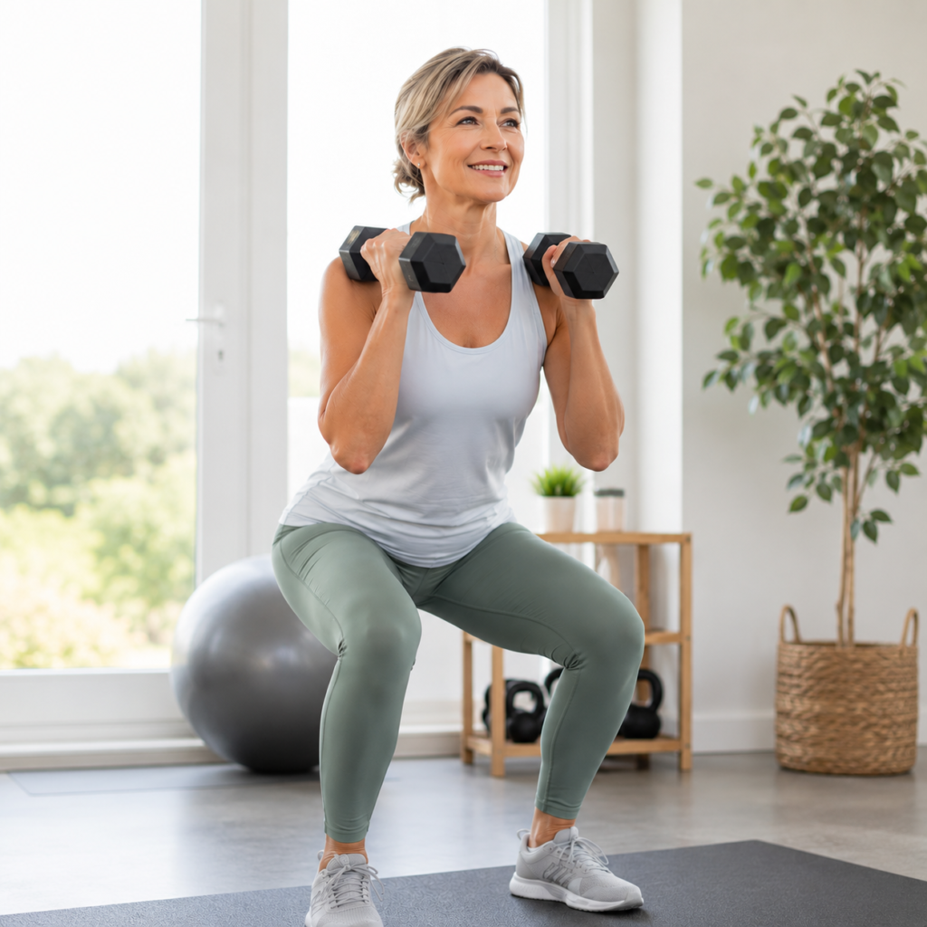 Mujer mayor de 40 años realizando ejercicios de fuerza con mancuernas durante la menopausia para fortalecer músculos, mejorar la salud ósea y mantener el bienestar físico.