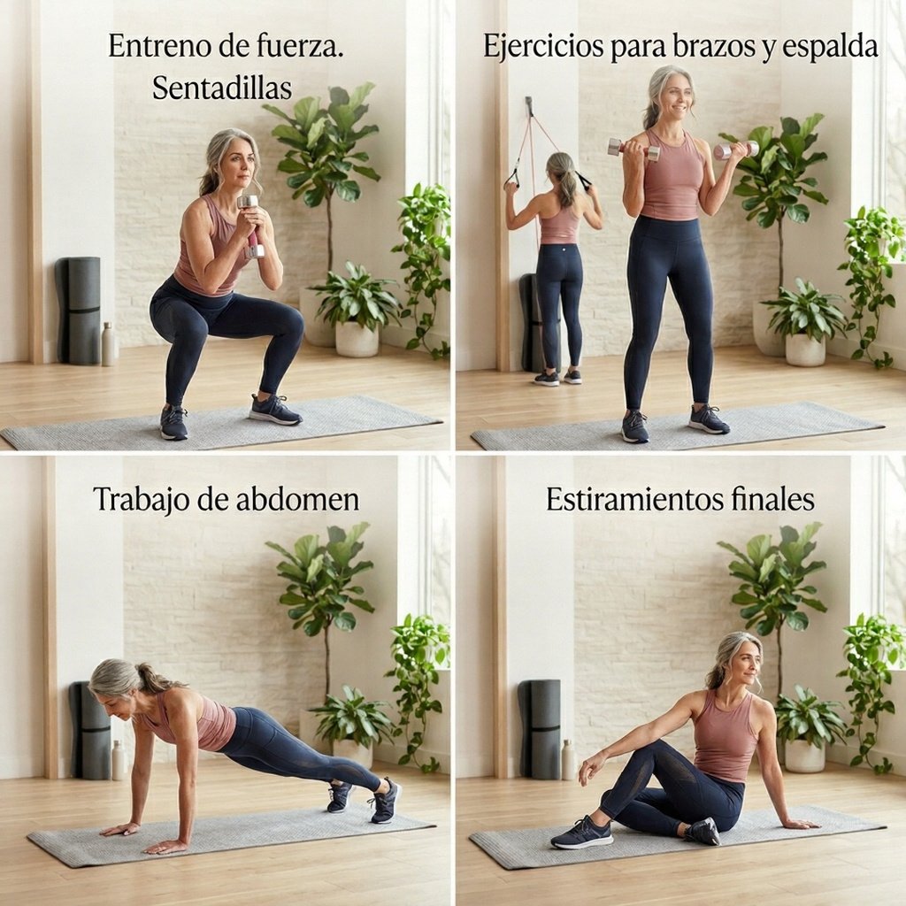 Mujer mayor de 40 años realizando ejercicios de fuerza con pesas ligeras como parte de una rutina semanal de entrenamiento durante la menopausia