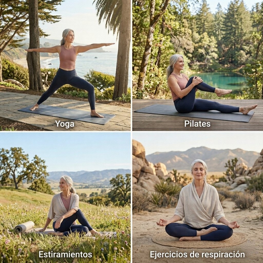 Mujer mayor de 40 años realizando ejercicios de movilidad y estiramientos suaves para mejorar la flexibilidad y el bienestar durante la menopausia