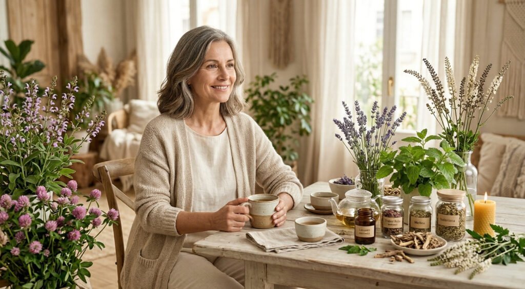 Mujer en etapa de menopausia rodeada de plantas medicinales utilizadas en fitoterapia para aliviar de forma natural síntomas como sofocos, insomnio y cambios de humor.