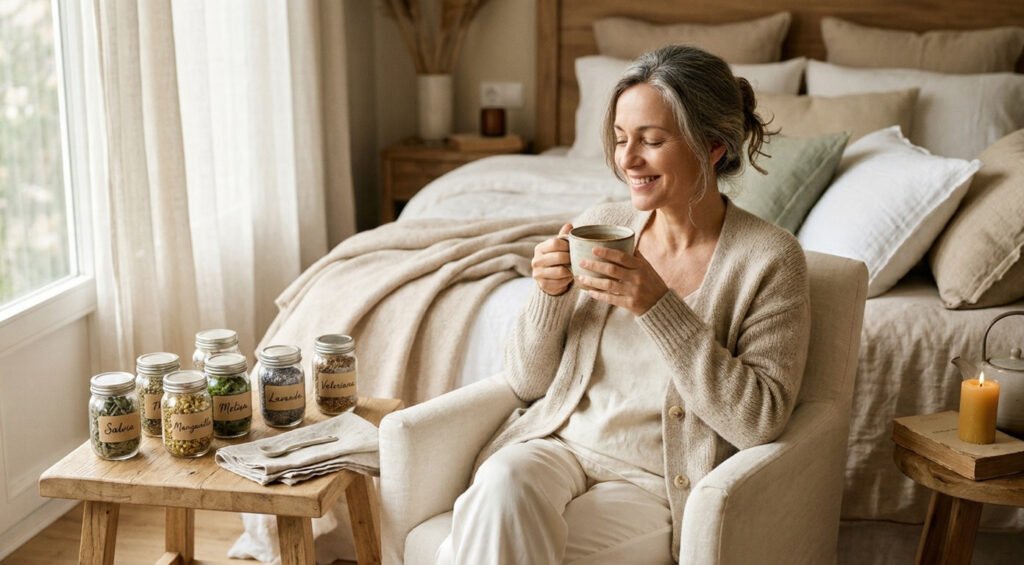 Infusiones para los sofocos y el insomnio en la menopausia con salvia, manzanilla y melisa para favorecer el descanso nocturno.