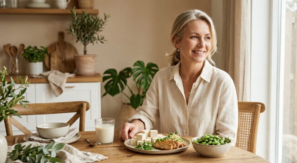 Mujer en la menopausia junto a alimentos ricos en isoflavonas de soja como tofu, edamame, tempeh y leche de soja para apoyar el bienestar hormonal.