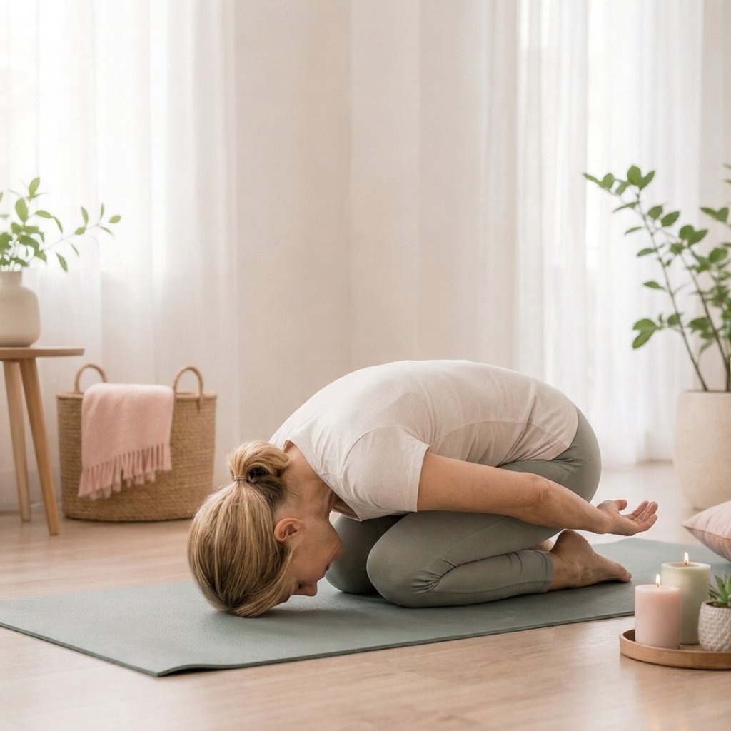 Mujer practicando la postura del niño o Balasana durante una sesión de yoga para la menopausia, una posición relajante que ayuda a reducir el estrés y aliviar la tensión muscular.