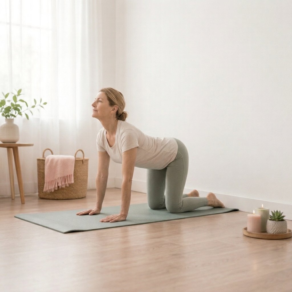 Mujer realizando la postura gato-vaca durante una rutina de yoga para la menopausia, un ejercicio que mejora la movilidad de la columna y la flexibilidad corporal.