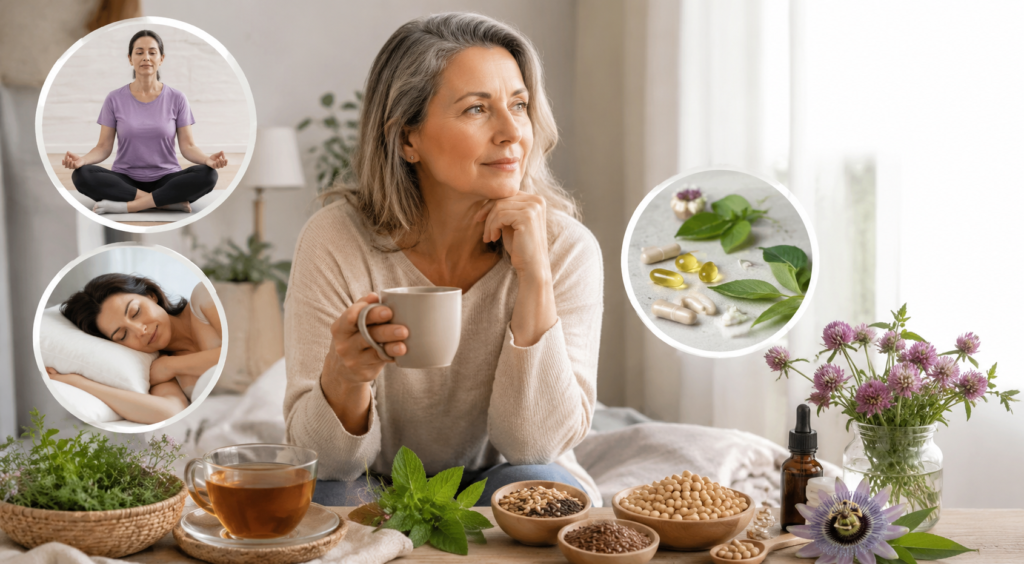 Mujer en la menopausia utilizando remedios naturales para aliviar sofocos, insomnio y cambios de humor mediante alimentación saludable, infusiones y bienestar integral.