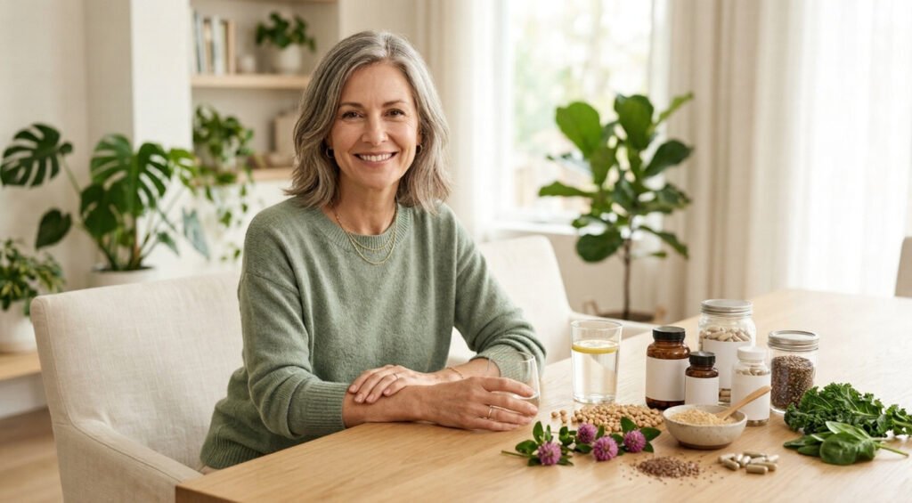 Mujer en la menopausia revisando suplementos naturales como isoflavonas de soja, maca, vitaminas y minerales para apoyar el bienestar hormonal y aliviar síntomas menopáusicos.