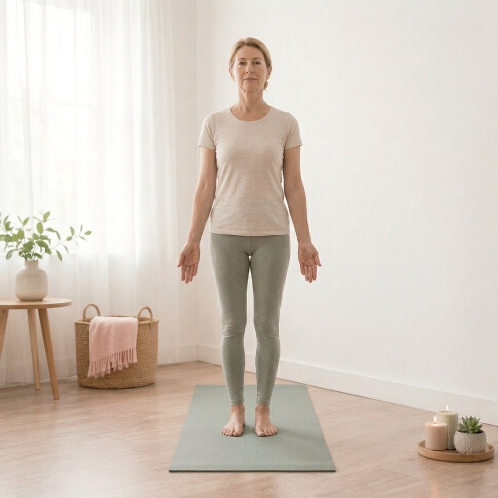 Mujer realizando la postura de la montaña o Tadasana durante una práctica de yoga para la menopausia, fortaleciendo la postura corporal y el equilibrio.