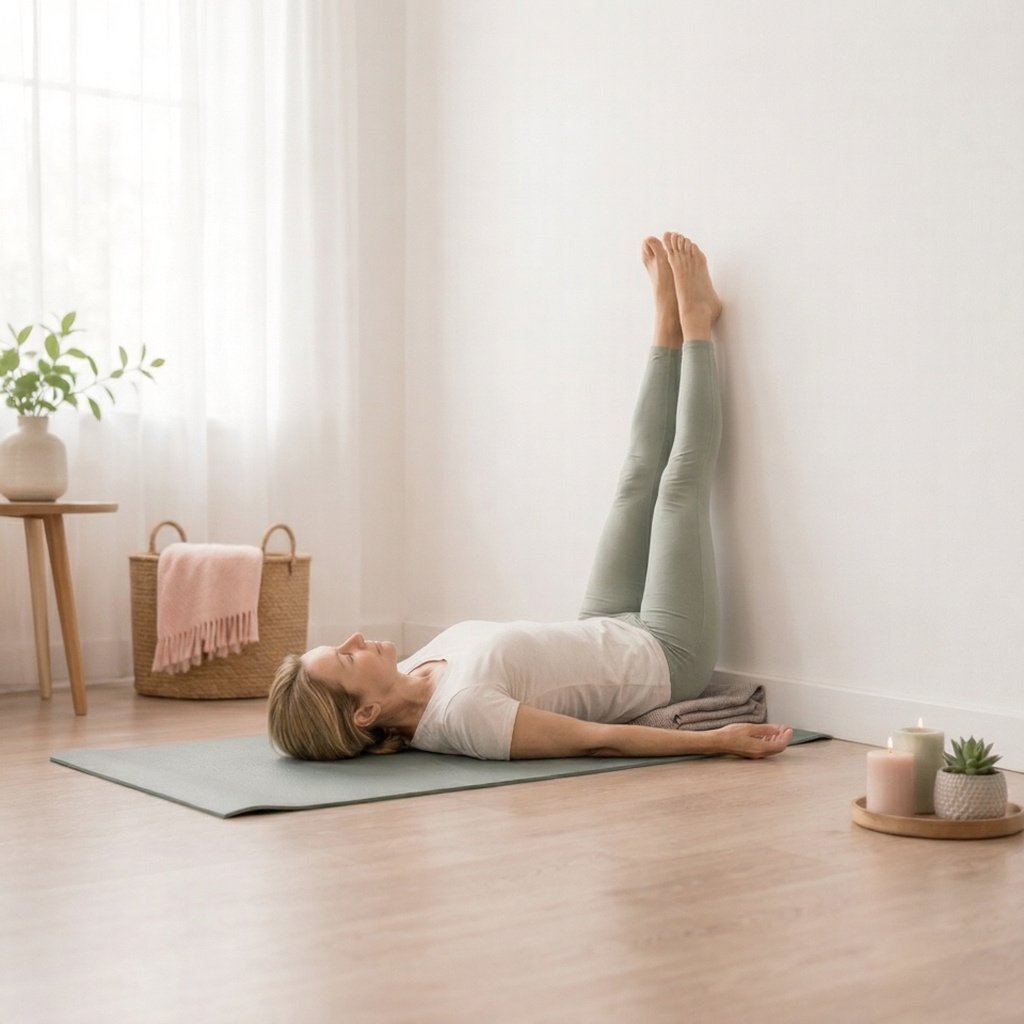 Mujer realizando la postura piernas arriba de la pared o Viparita Karani, una técnica de yoga restaurativo utilizada para favorecer la relajación y el bienestar durante la menopausia.